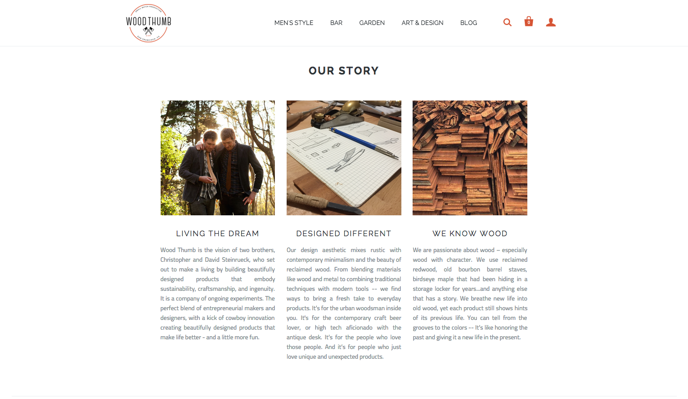I created content to show off Wood Thumb\'s great origin story and the values of the company.
